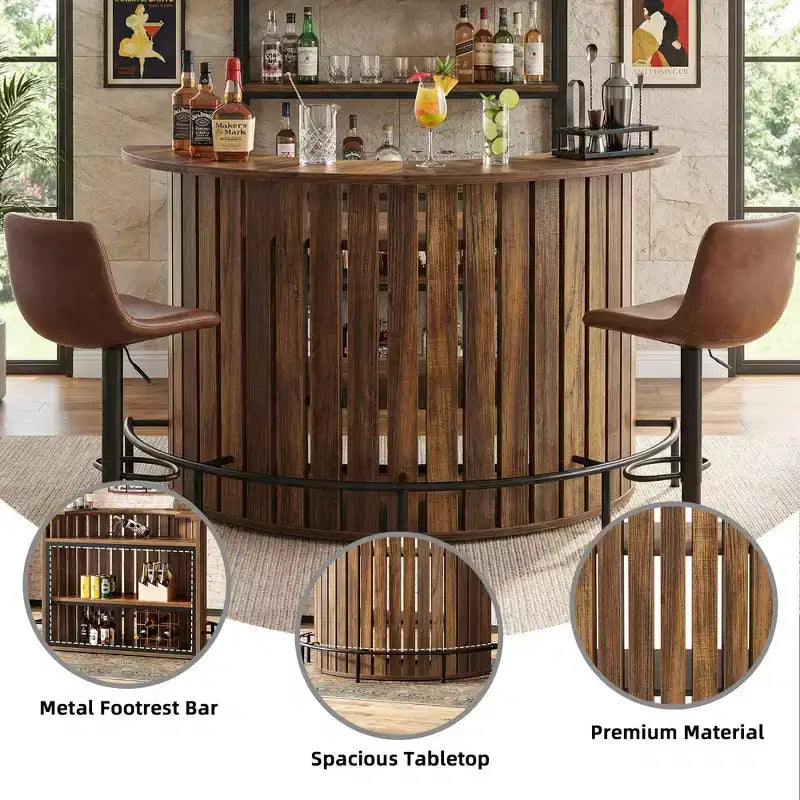 4-stufiger Mini-Bartisch mit Rundbogenform, moderner, rustikaler Hausbarschränk mit Fußstütze und MDF-Konstruktion