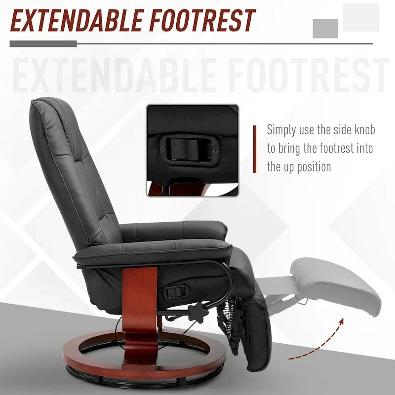 HomCom verstelbare handmatige relaxfauteuil van imitatieleer met draaivoet en comfortabele, ontspannende voetensteun