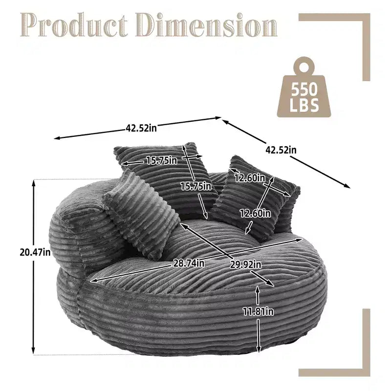 Sitzsacksofa für Erwachsene und Kinder, übergroßer Cord-Sitzsack mit 3 Kissen und Armlehnen für Wohnzimmer und Schlafzimmer