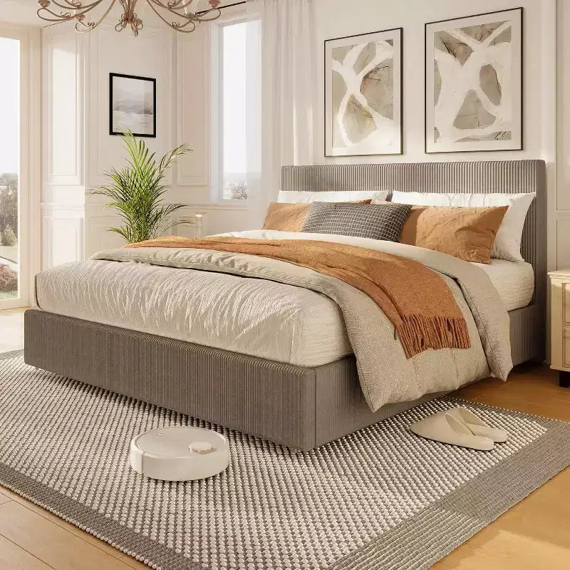 CuisinSmart-Bettrahmen aus Cord mit Kopfteil, gepolsterter Plattformbett-Rahmen mit 4 Schubladen und Lattenrost aus Holz