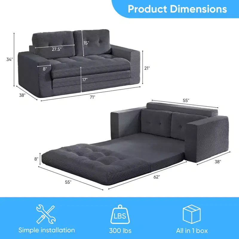 Canapé-lit futon convertible 2-en-1 Mjkone de 71', en tissu côtelé, pliable et capitonné avec boutons, canapé-lit deux places gain de place
