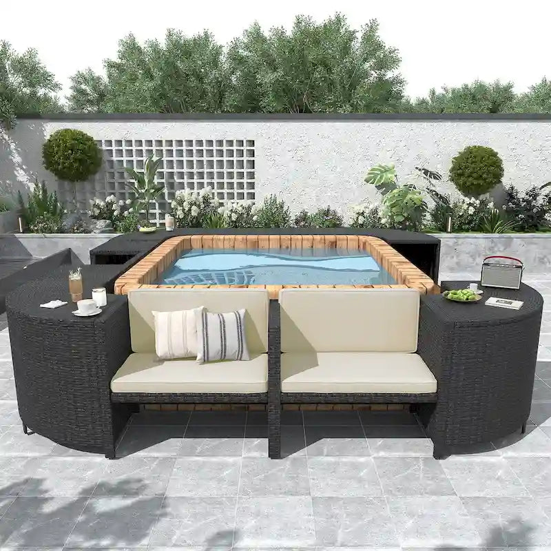 Spa-Umrandung, quadratisches Outdoor-Rattan-Ecksofa-Set mit Spa-Gestell