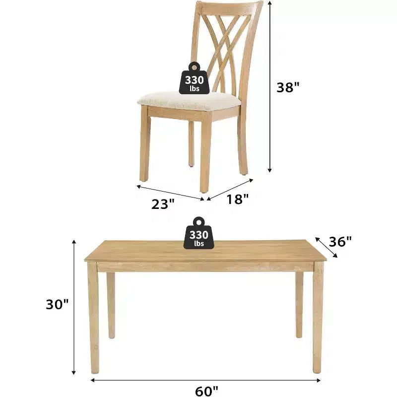 Zevemomo-7-teiliges Esstischset aus Massivholz mit 6 gepolsterten Stühlen, platzsparendes Esszimmermöbelset, für Esszimmer und Küche, Farbe: Naturholz