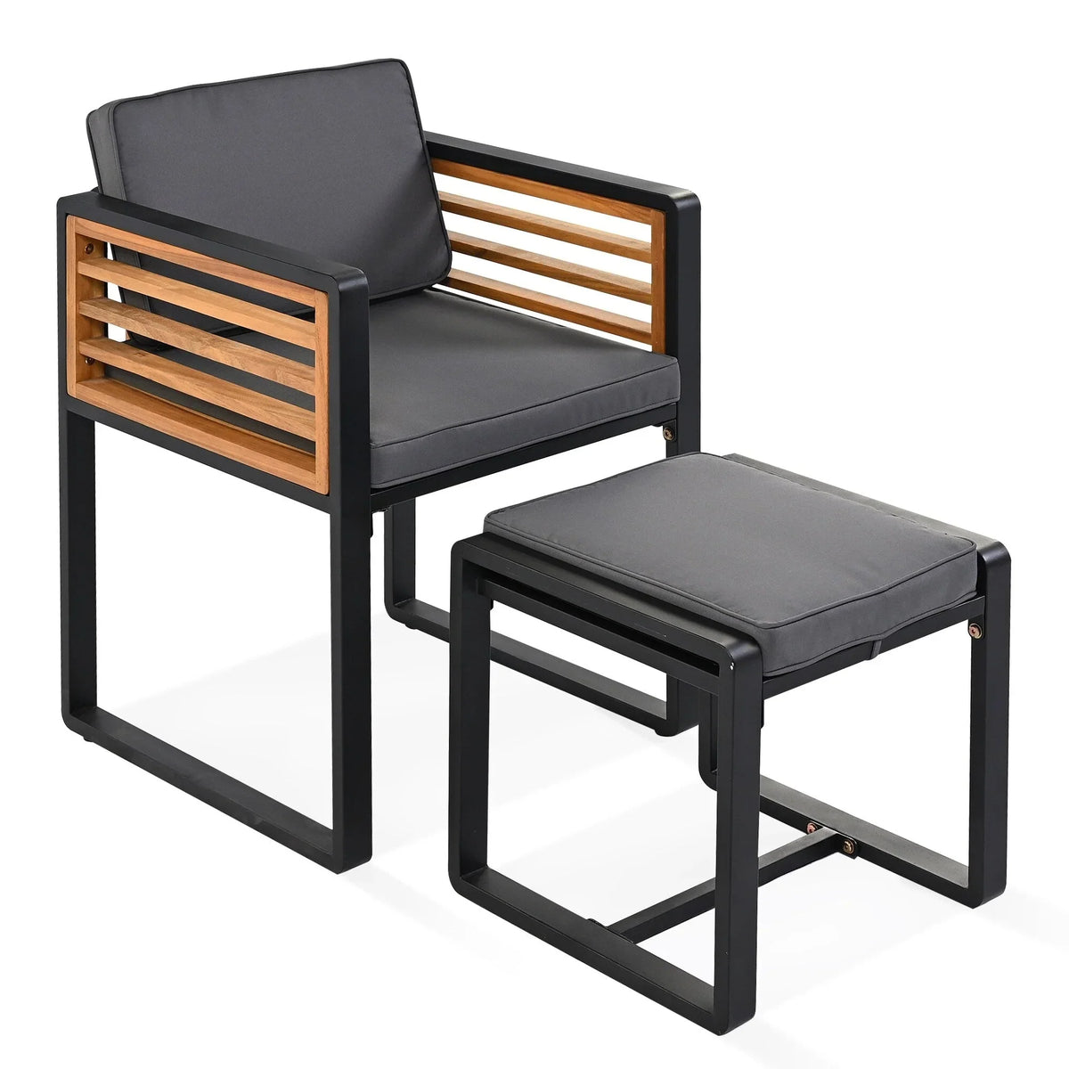 18-teiliges Garten-Esszimmer-Set aus Akazienholz, 8 gepolsterte Stühle, 8 Hocker und 2 quadratische Tische