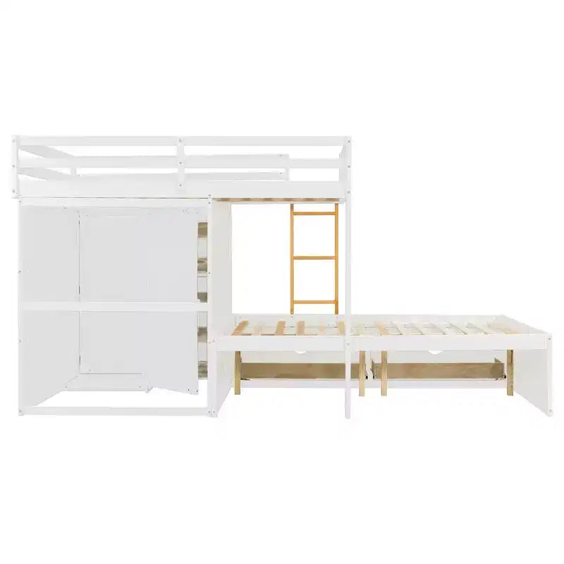 Stapelbed met twee tweepersoonsbedden, opbergkast en laden, houten stapelbed in tweepersoonsformaat met ruimtebesparend ontwerp en veiligheidsreling voor appartement en slaapkamer