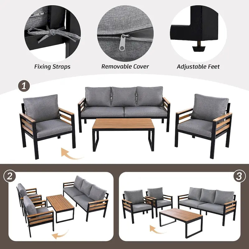 4-teiliges Outdoor-Sofaset für 5 Personen mit Couchtisch aus Massivholz und abnehmbaren Kissen