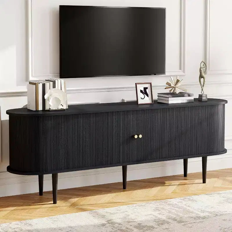 AMERLIFE 70-Zoll-TV-Ständer mit Massivholzbeinen, moderne TV-Konsole im Mid-Century-Stil mit Lamellentür