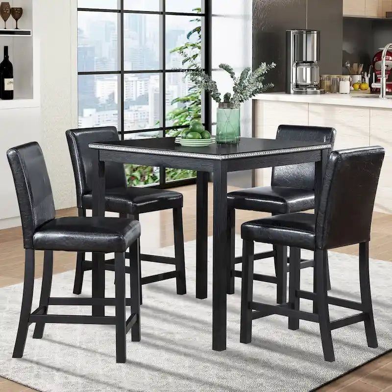 Modernes 5-teiliges Esszimmerset mit quadratischem Tisch in Thekenhöhe und 4 gepolsterten Stühlen