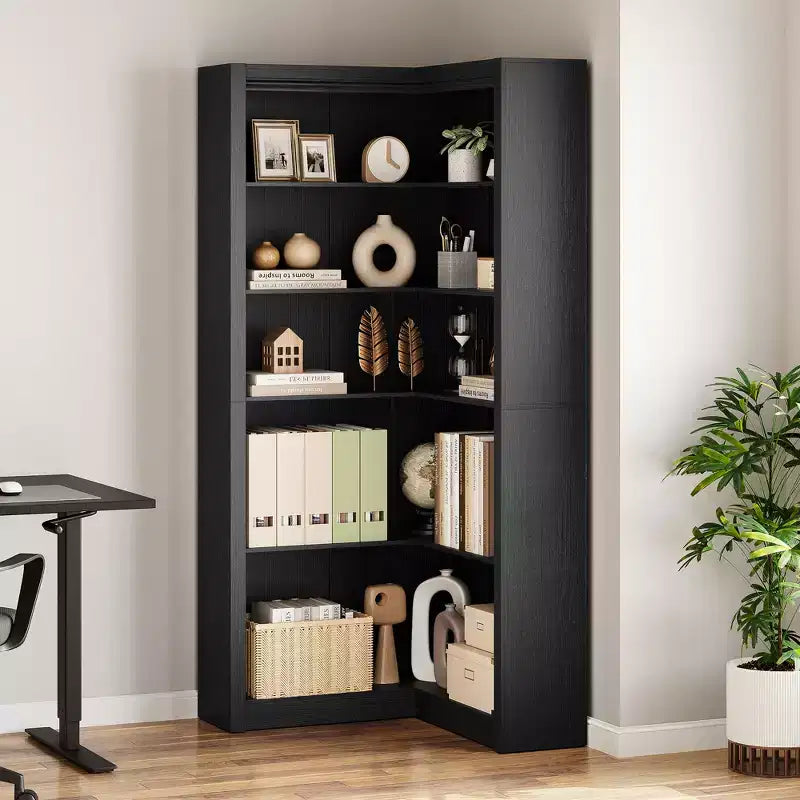 Zwart/wit/hout/retro, L-vormige hoekboekenkast, 5 niveaus, enkel