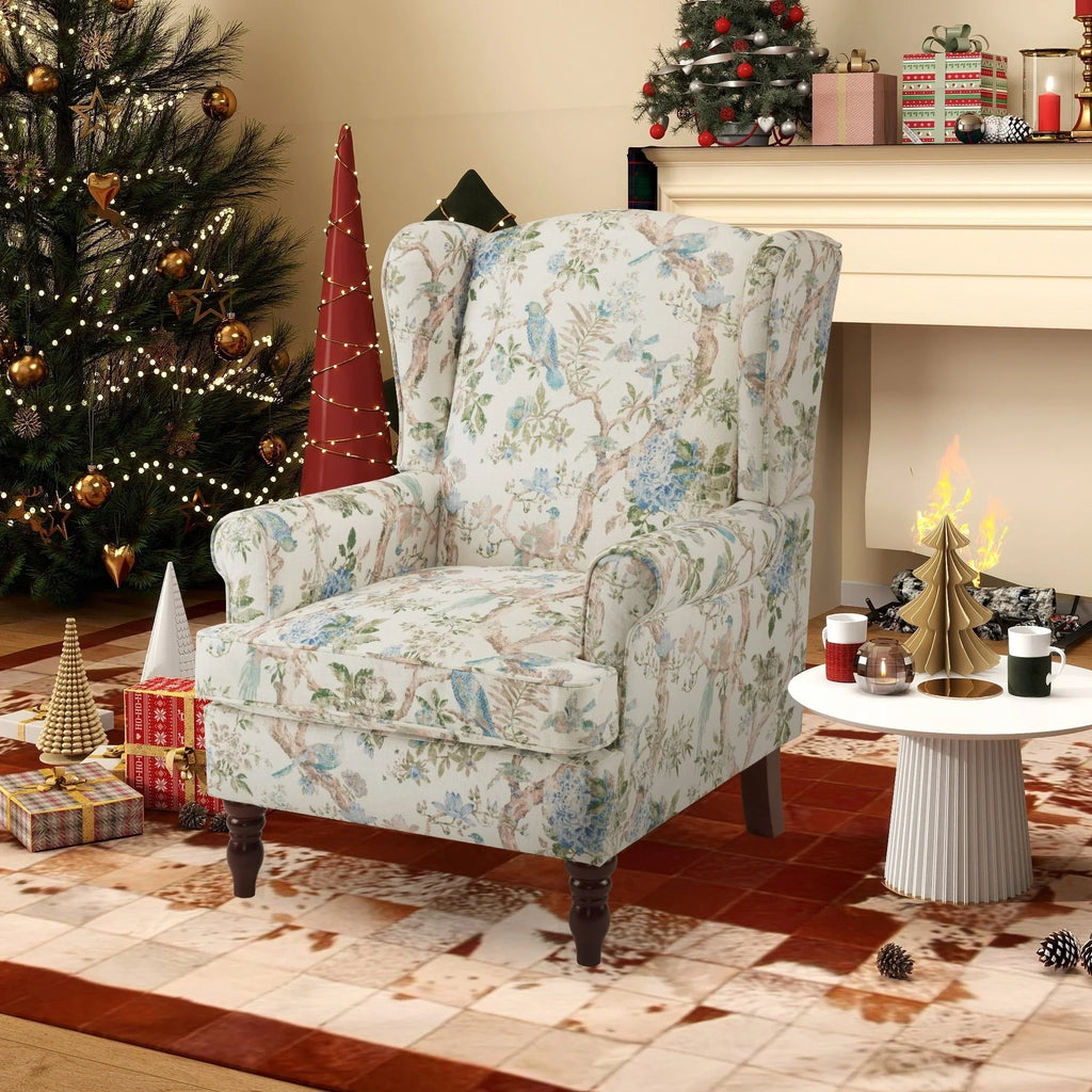 Fauteuil d’appoint moderne Erommy à dossier haut, fauteuil une place en tissu rembourré avec boutons et pieds en bois, pour salon