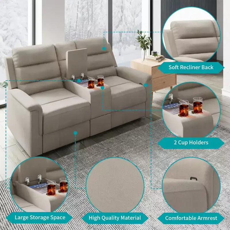 Beiges/graues Zweisitzer-Liegesofa aus Tech-Gewebe mit verstellbarer Rückenlehne und Fußstütze