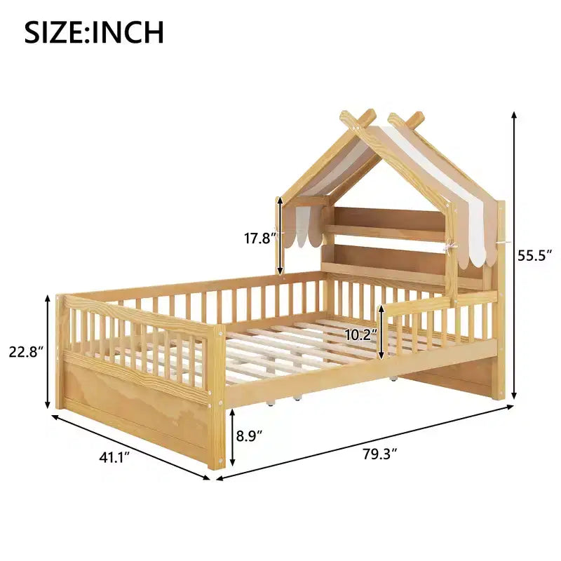 Lit cabane en bois ModernLuxe pour lit simple ou double avec tête de lit de rangement, cadre de lit pour enfant en pin massif avec barrières de sécurité
