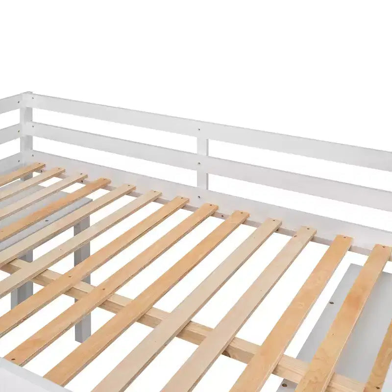 Niedriges Hochbett in voller Größe mit Rolltisch, 3 Schubladen und Regalen