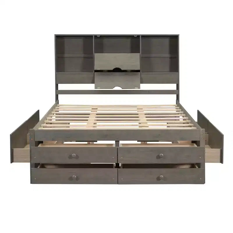 Queensize bed met opbergrek en 8 laden, eenvoudig te monteren