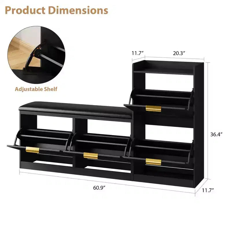 Meuble à chaussures style farmhouse avec banc, 4 tiroirs basculants pour l’entrée, organisateur de rangement avec assise rembourrée confortable, banc porte-chaussures autoportant