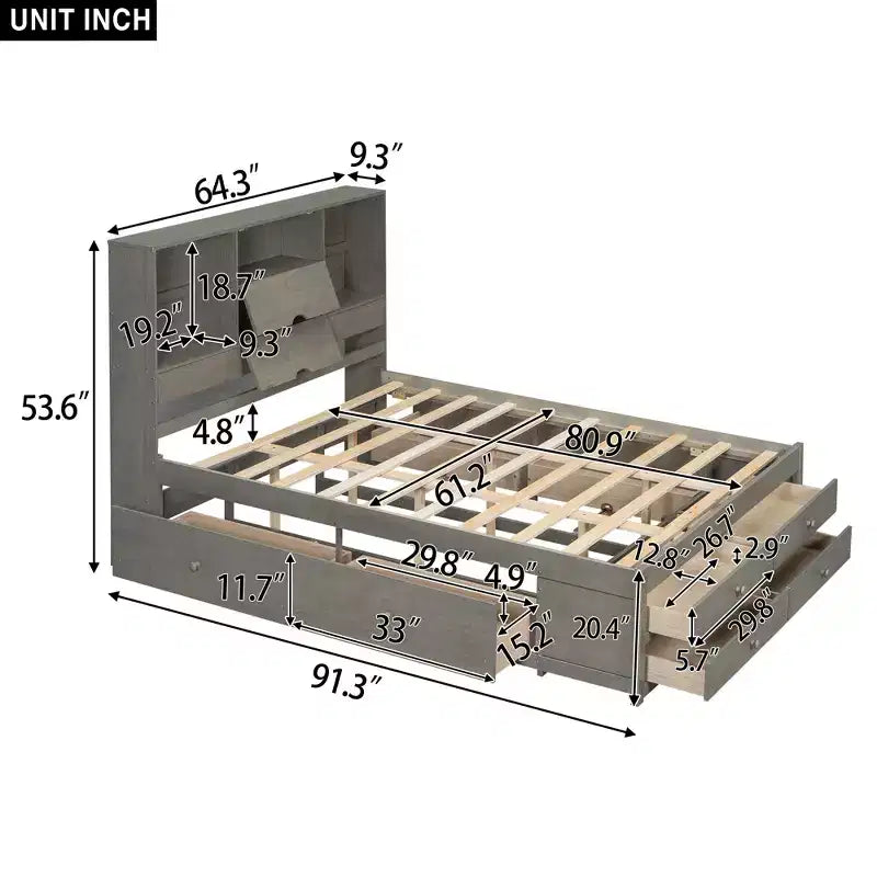 Queensize bed met opbergrek en 8 laden, eenvoudig te monteren