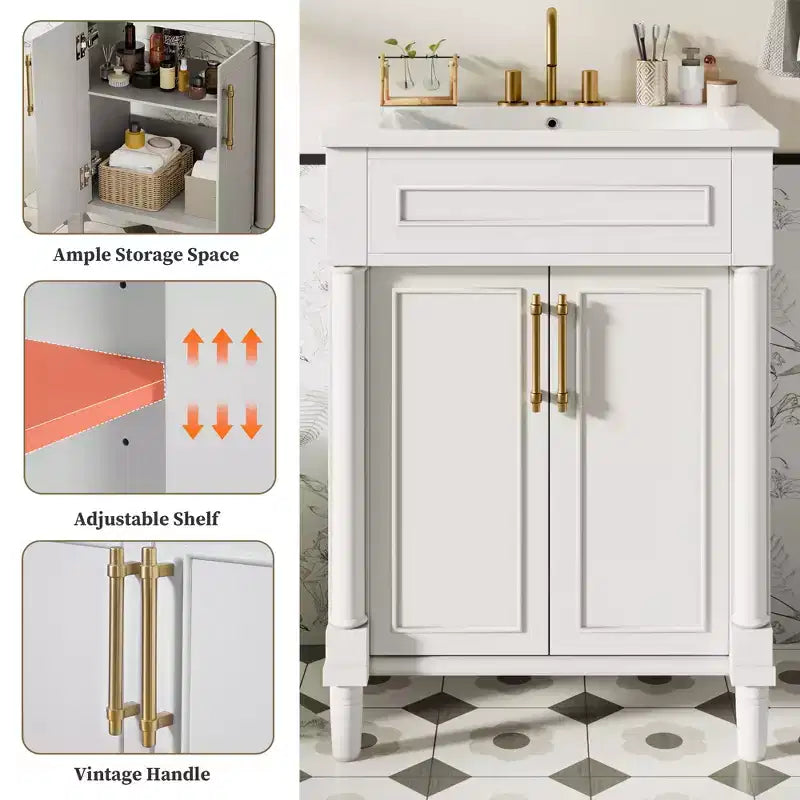 Badkamermeubel van 24 met keramische wastafel, kast in shakerstijl, 2 softclosedeuren en massiefhouten frame, voor een kleine badkamer of toiletruimte