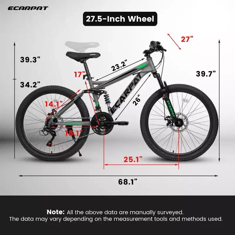 Okak 27.5IN mountainbike met dubbele vering voor en achter, terreinfiets met 21 versnellingen en mechanische schijfremmen, volwassen fiets voor mannen en vrouwen