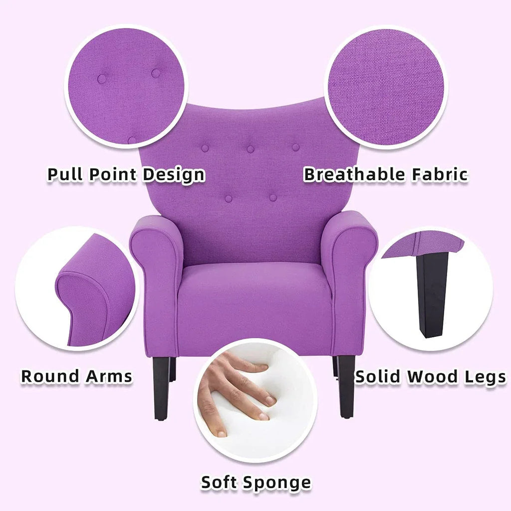 Fauteuil d’appoint moderne Erommy à dossier haut, fauteuil une place en tissu rembourré avec boutons et pieds en bois, pour salon