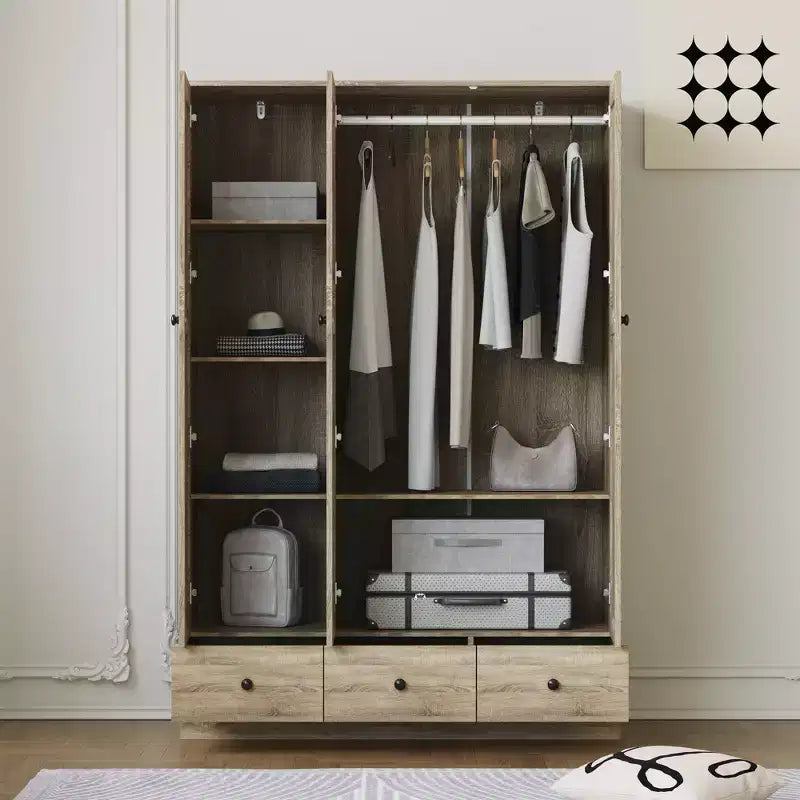 Famapy Rattan-Kleiderschrank mit 3 Schubladen und 3 atmungsaktiven Rattantüren, hoher Schrank im Landhausstil für das Schlafzimmer