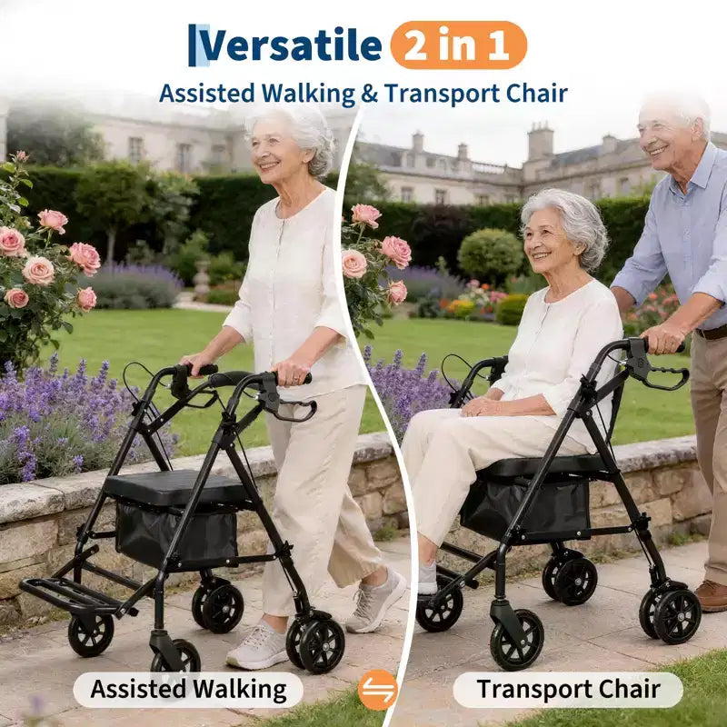Fauteuil roulant pliable et portable pour adultes, capacité de 299lb, 6 roues, hauteur réglable, rangement sous l’assise, siège confortable et repose-pieds
