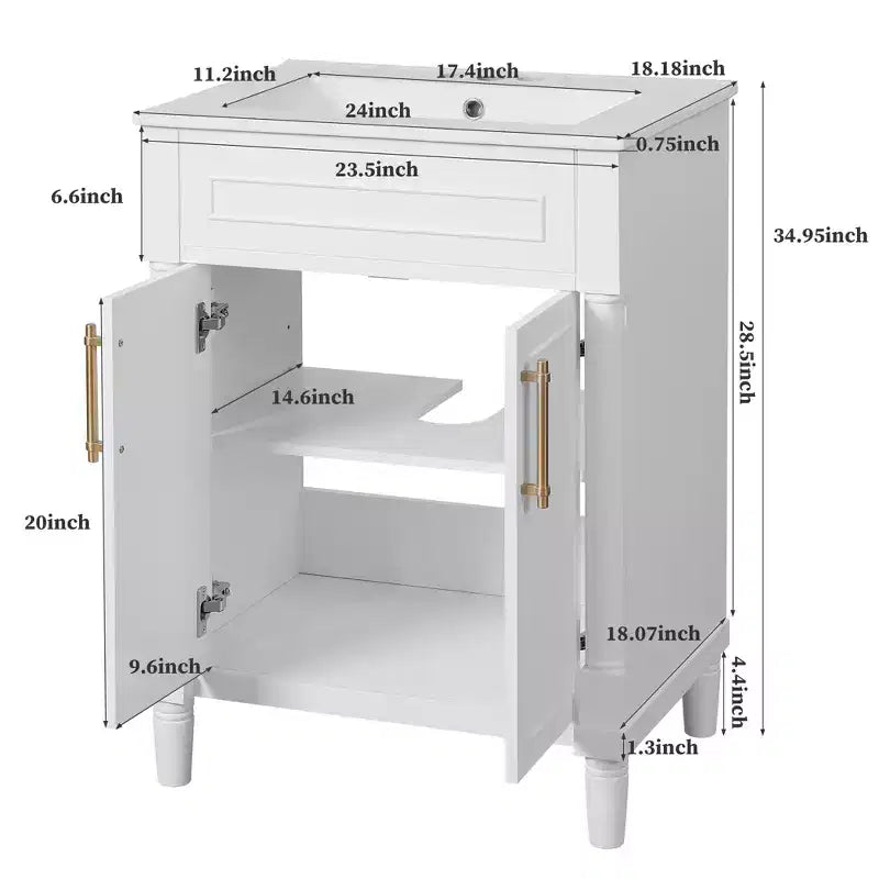 Badkamermeubel van 24 met keramische wastafel, kast in shakerstijl, 2 softclosedeuren en massiefhouten frame, voor een kleine badkamer of toiletruimte