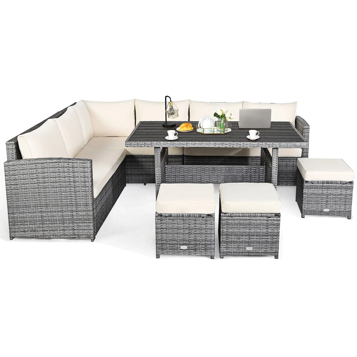 Costway, ensemble de salle à manger de jardin en rotin de 7 pièces avec canapé d’angle et repose-pieds - Voir les détails