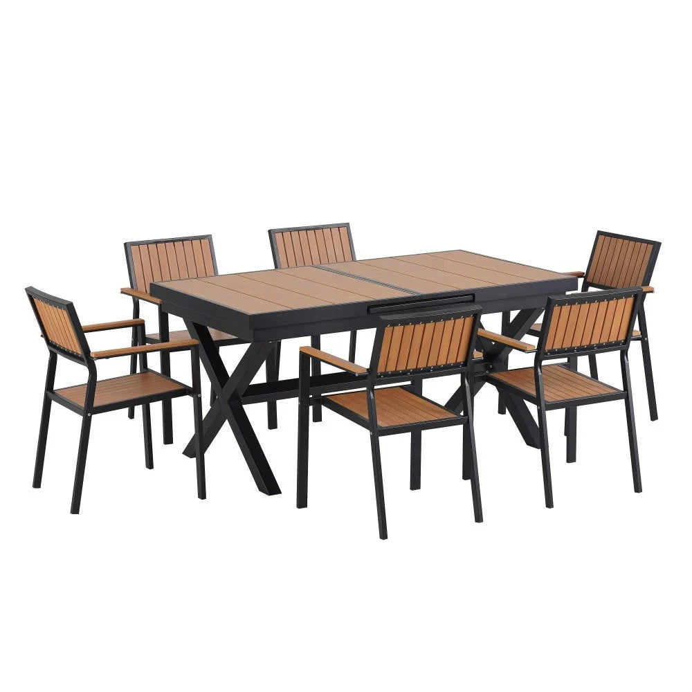 Modernes 7-teiliges Gartenmöbelset mit sechs Stühlen und ausziehbarem Tisch für die Terrasse