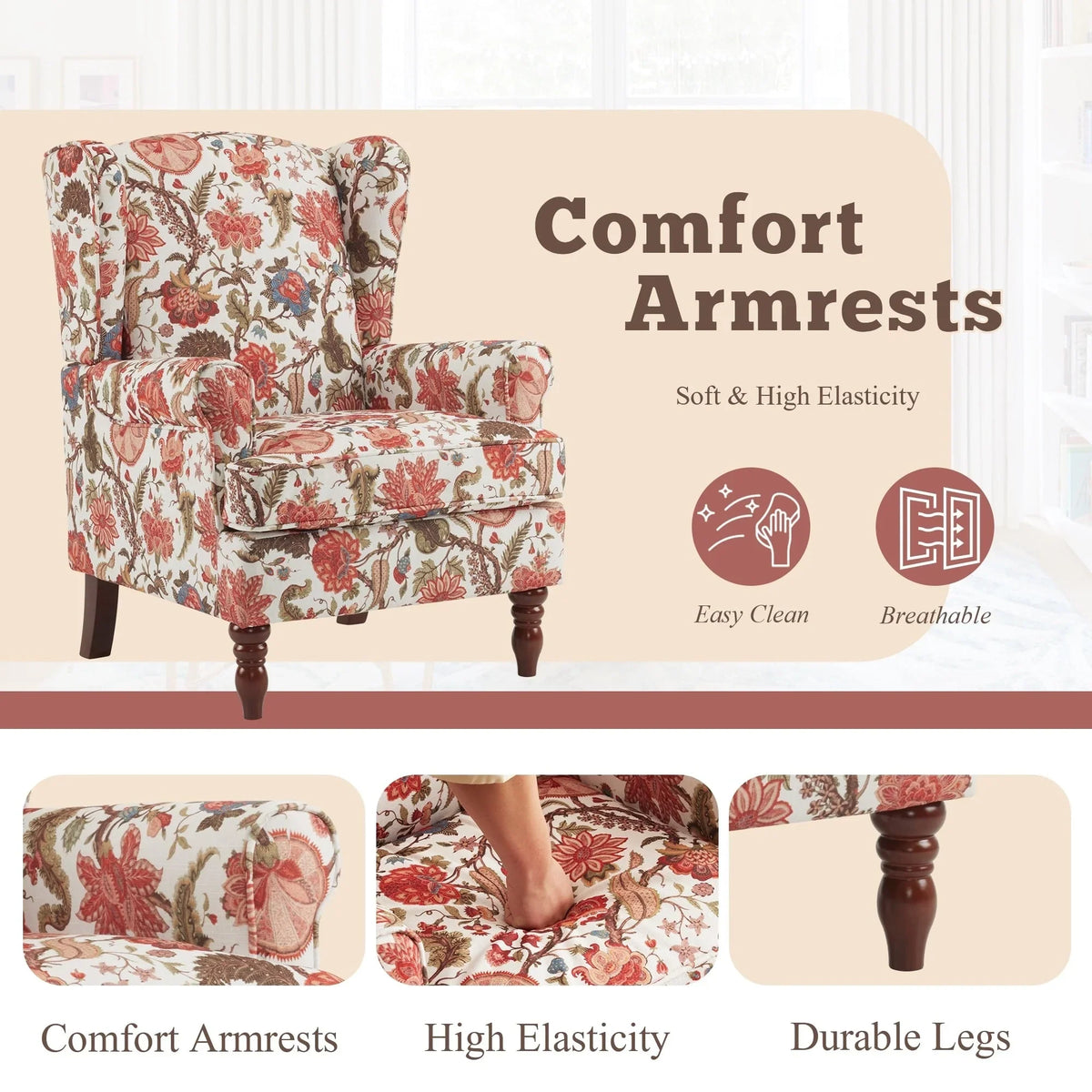 Fauteuil d’appoint moderne Erommy à dossier haut, fauteuil une place en tissu rembourré avec boutons et pieds en bois, pour salon