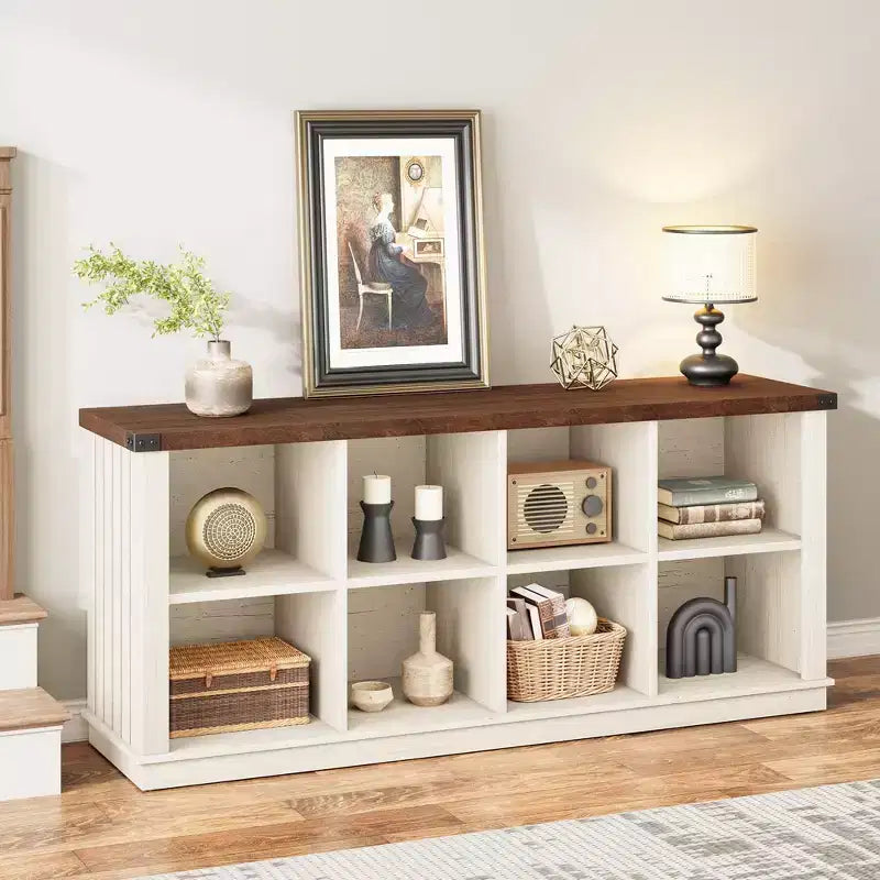Bibliothèque de rangement à 8 casiers, style champêtre, modèle horizontal, bibliothèque en bois de 62 pouces pour entrée, longues bibliothèques basses pour salon
