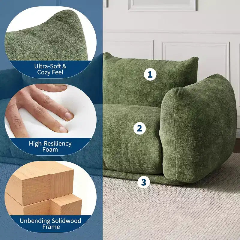 Modulaire loveseat van chenillestof, 2-persoons wolkbank met zeer veerkrachtig schuim, compacte bank zonder frame
