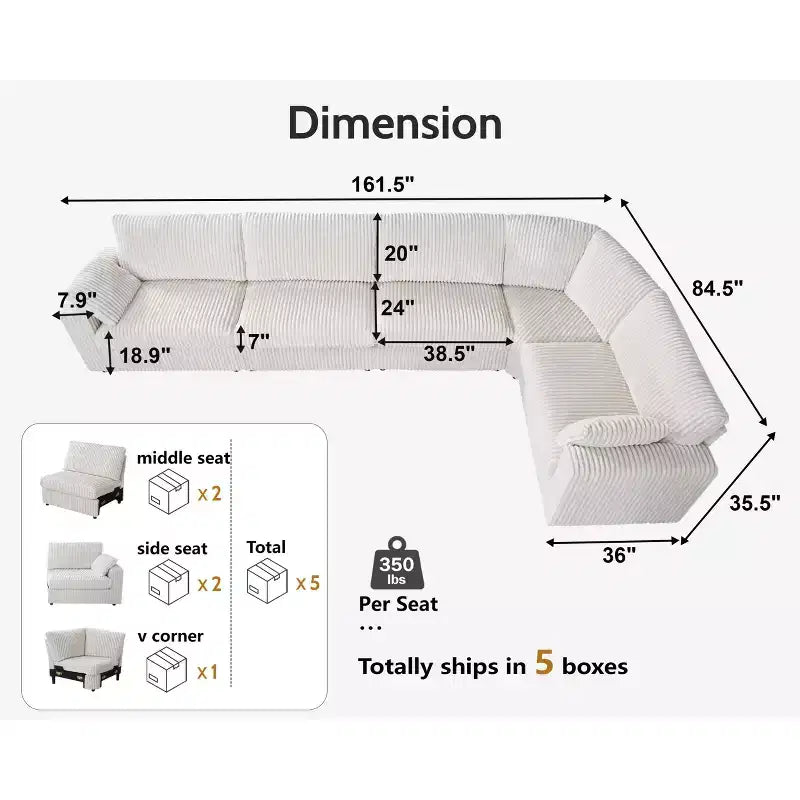 Dyonery modulaire hoekbank van ribfluweel met afneembare, wasbare hoezen