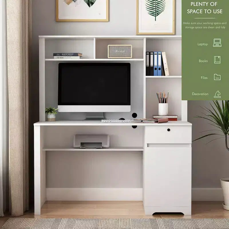 Moderne computerbureau van 51.18IN met opzetkast en boekenplank, bureau met veel opbergruimte, schrijftafel voor studeerkamer en leesruimte