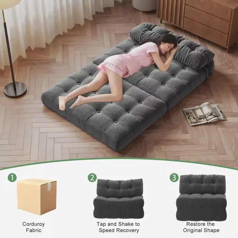 Klappbares Schlafsofa-Futon aus Cord in voller Größe, umwandelbarer Bodenschlafsessel mit Kissen und Rückenstütze