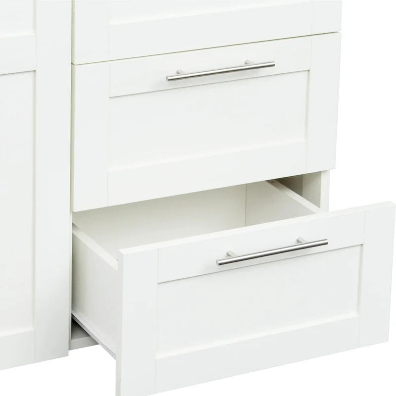 Armoire de rangement en bois blanc avec portes, tiroirs et tringle de penderie