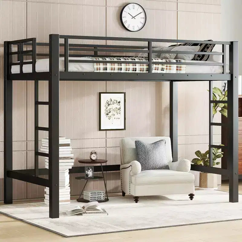 Metalen hoogslaper, ruimtebesparend bedframe met dubbele ladders en veiligheidsleuningen, zwart - ModernLuxe