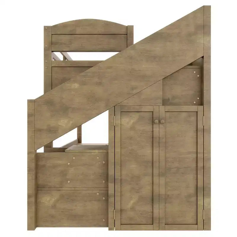 Whisen XL-Etagenbettgestell mit Ausziehbett, Etagenbett mit Stauraum, Etagenbett aus Massivholz, Stauraumtreppe, Kleiderschrank, 3 Schubladen, für Kinder