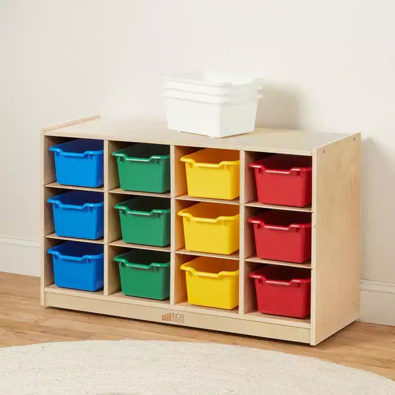 Meuble mobile à casiers avec plateau et 15 bacs à façade incurvée, 3x4, mobilier pour enfants
