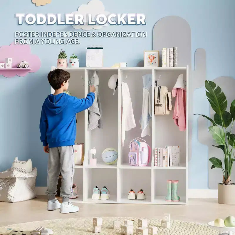 Bruin/witte locker met 4 vakken en 8 haken, voor kinderen