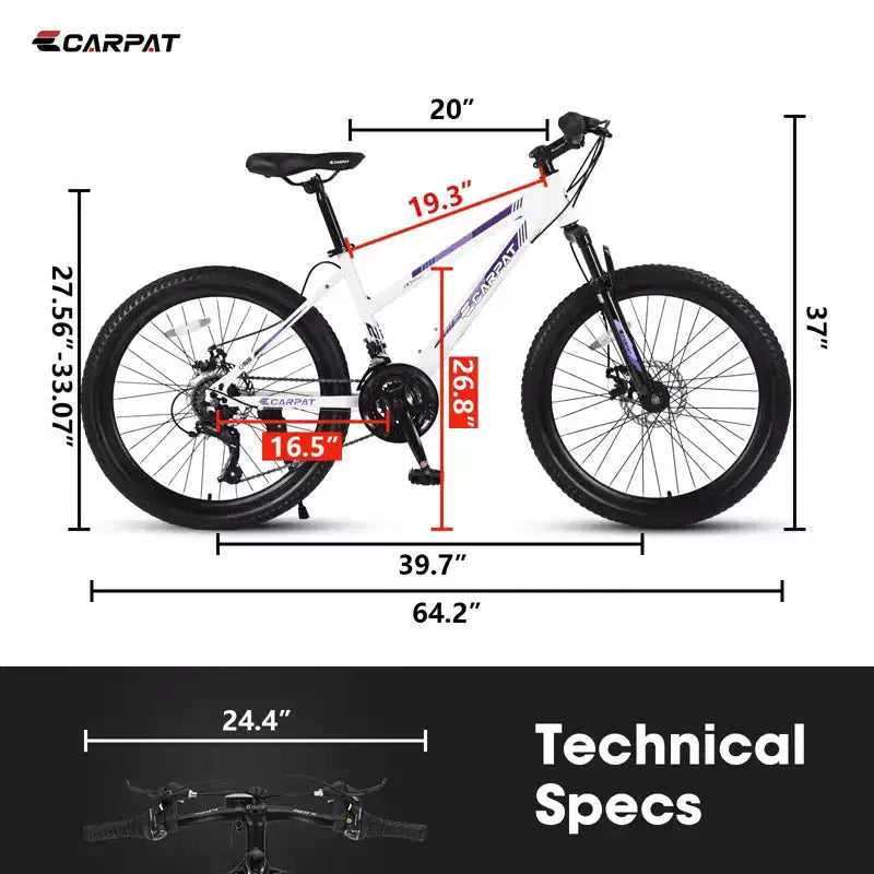Okak mountainbike van 24/26IN met 21 versnellingen en dubbele schijfremmen, kinderfiets met 100mm voorvering, crossfiets voor tieners en vrouwen