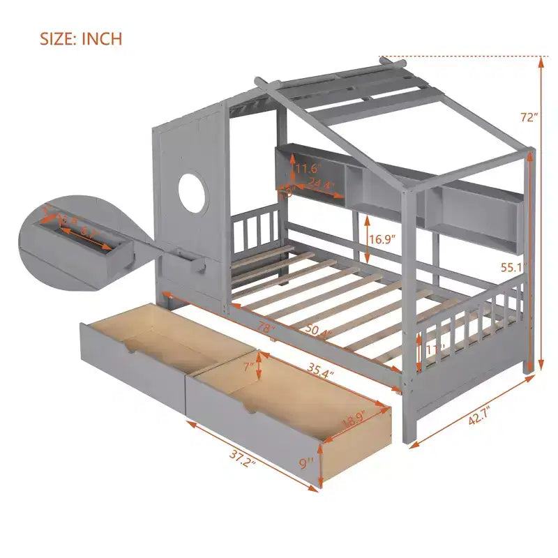 Lit cabane en bois format simple/double avec 2 tiroirs, lit pour enfant avec étagère de rangement - ModernLuxe