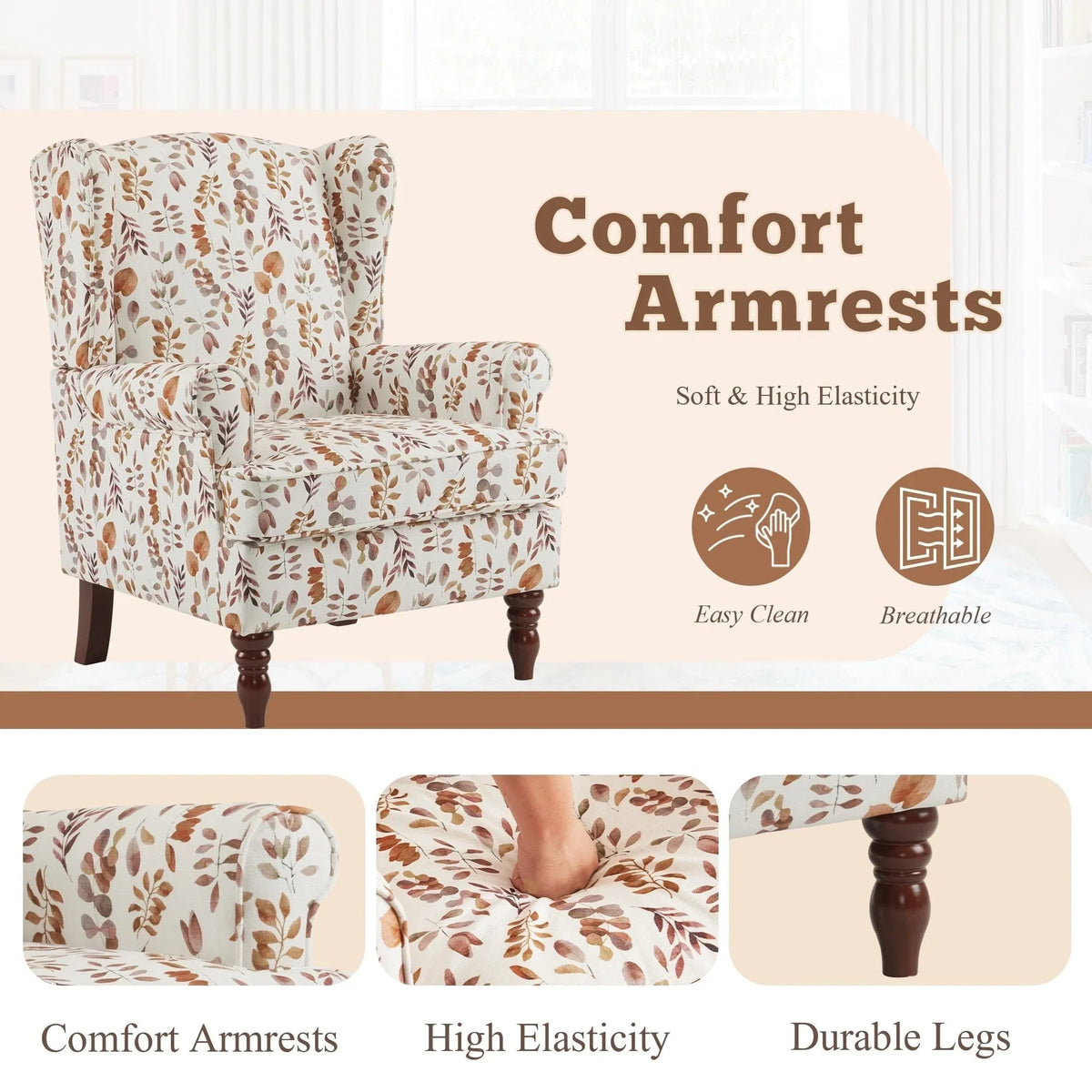 Fauteuil d’appoint moderne Erommy à dossier haut, fauteuil une place en tissu rembourré avec boutons et pieds en bois, pour salon