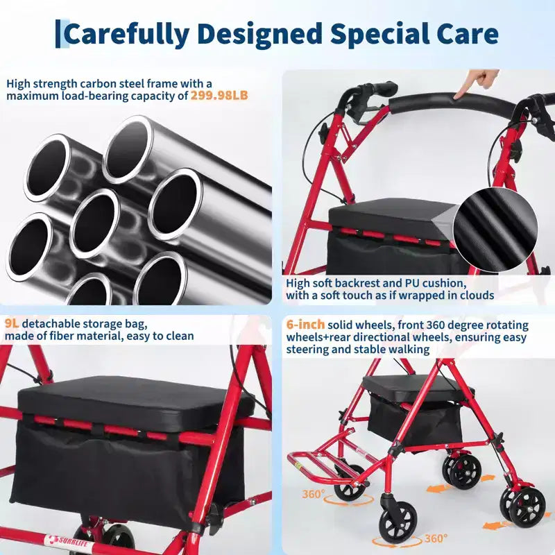 Fauteuil roulant pliable et portable pour adultes, capacité de 299lb, 6 roues, hauteur réglable, rangement sous l’assise, siège confortable et repose-pieds