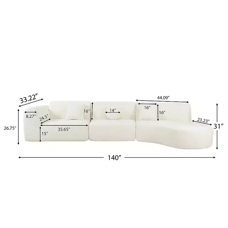 Modernes geschwungenes Ecksofa mit 140 Zoll, Chaiselongue, 3-teiliges Set für das Wohnzimmer