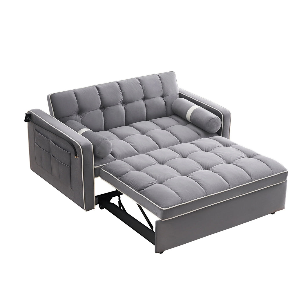 Velvet Convertible 55'' 2-Seater Sleeper Sofa with Pull-Out Bed, Adjustable Recline, Side Pockets, and Phone Holder