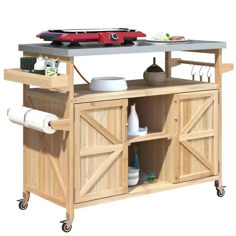 Îlot de cuisine d’extérieur Okak avec plateau en acier inoxydable, desserte de cuisine en bois avec portes, étagères et porte-épices, îlot de cuisine à roulettes