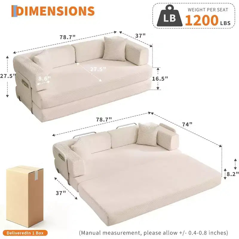 5-in-1-Schlafsofa, 78.8 modulares Cordsofa mit stabilem Gestell, multifunktionales Futon für kleine Räume, Wohnzimmer und Gästezimmer