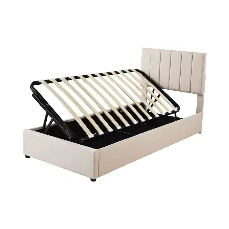 Bellemave eenpersoons opbergbed met liftmechanisme, gestoffeerd platformbed met hydraulisch opbergsysteem, hoofdbord met verticale strepen, beige