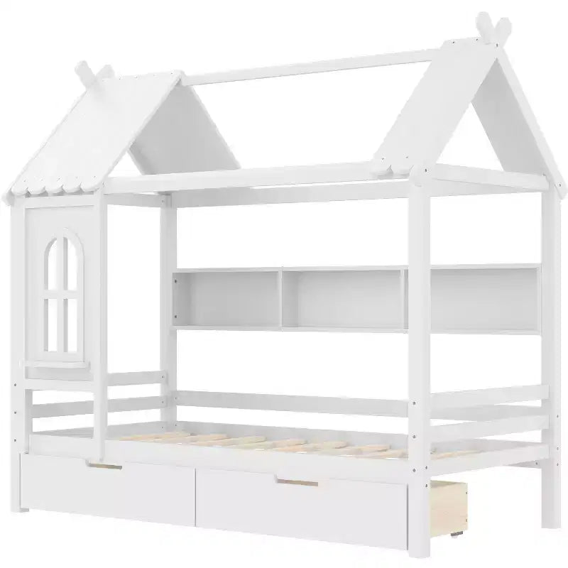 Hausbett mit Stauraumschubladen und Fenster, Massivholzrahmen mit Regalen, kindgerechtes verspieltes Design, hellweiß