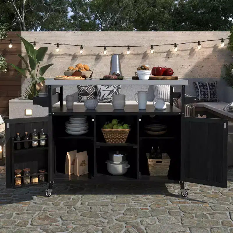 Îlot de cuisine d’extérieur Okak avec plateau en acier inoxydable, desserte de cuisine en bois avec portes, étagères et porte-épices, îlot de cuisine à roulettes